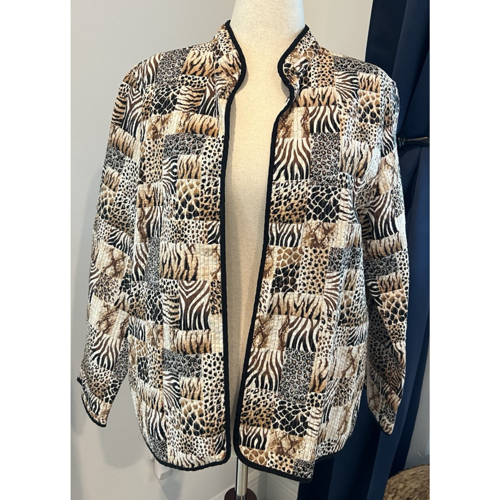 ALFRED‎ DUNNER (16) Animal Print Quilted Open Front Lightweight Jacket Safari